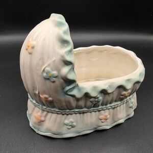Vintage Ceramic Baby Bassinet Planter Ruffled Nursery Decor Pastel Floral E1704
